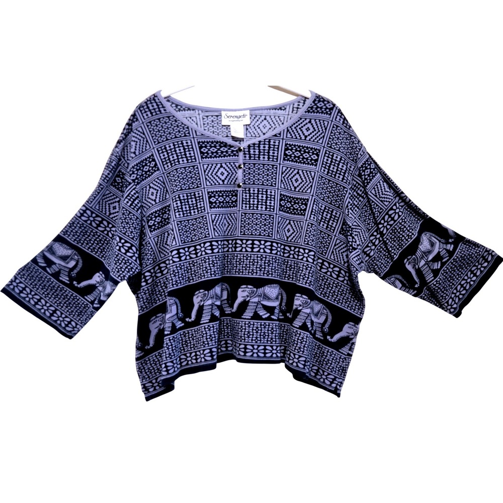 Serengeti, Blue Violet, Elephant & African Print, 100% Cotton, Crop Tee, Size 2X